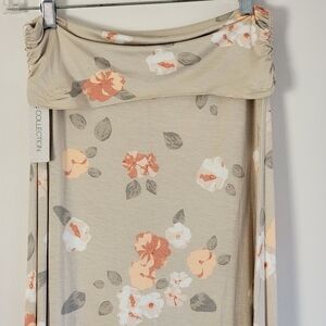 Downeast Flower Flood Fold Over Jersey Soft Floral Maxi Skirt Taupe Peach Small